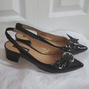 Chunky Black Kitten Heels 1.5 inch with bow buckle pointy
